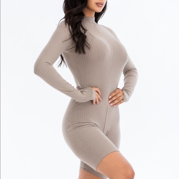 Pants - Taupe Ribbed Mock Neck Romper